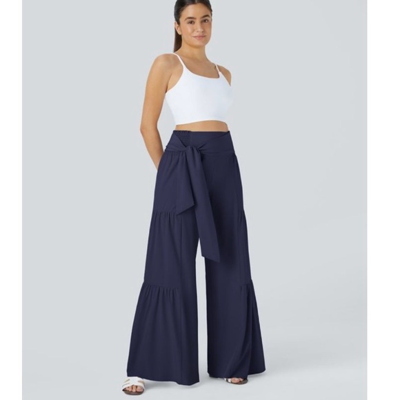 Halara Breezeful™ High Waisted Shirred Tie Wide Leg Flowy Pants XL Navy NWT - Picture 4 of 15